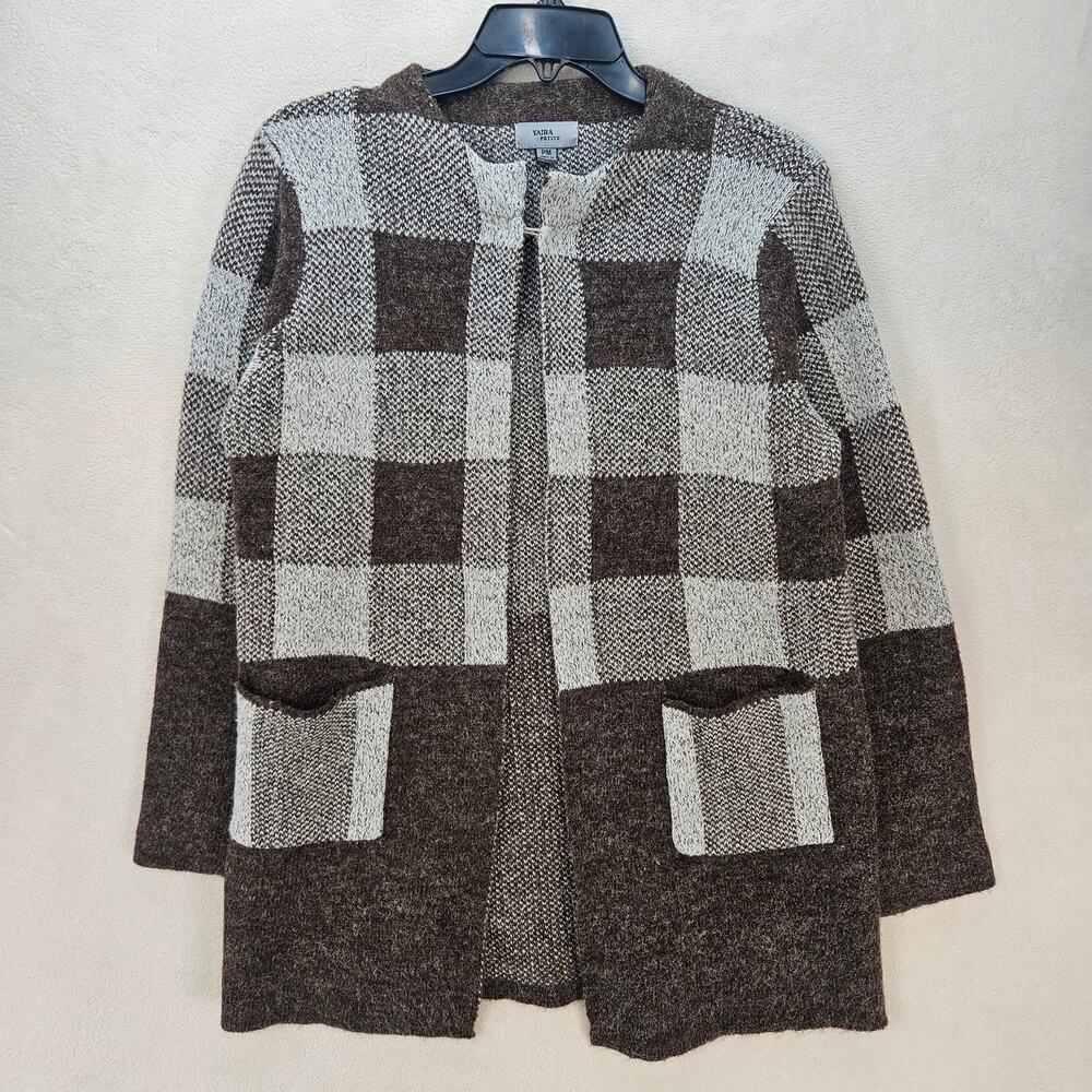 YAIRA PETITE WOMEN'S MEDIUM LONG CARDIGAN WITH POCKETS COFFEE PLAID